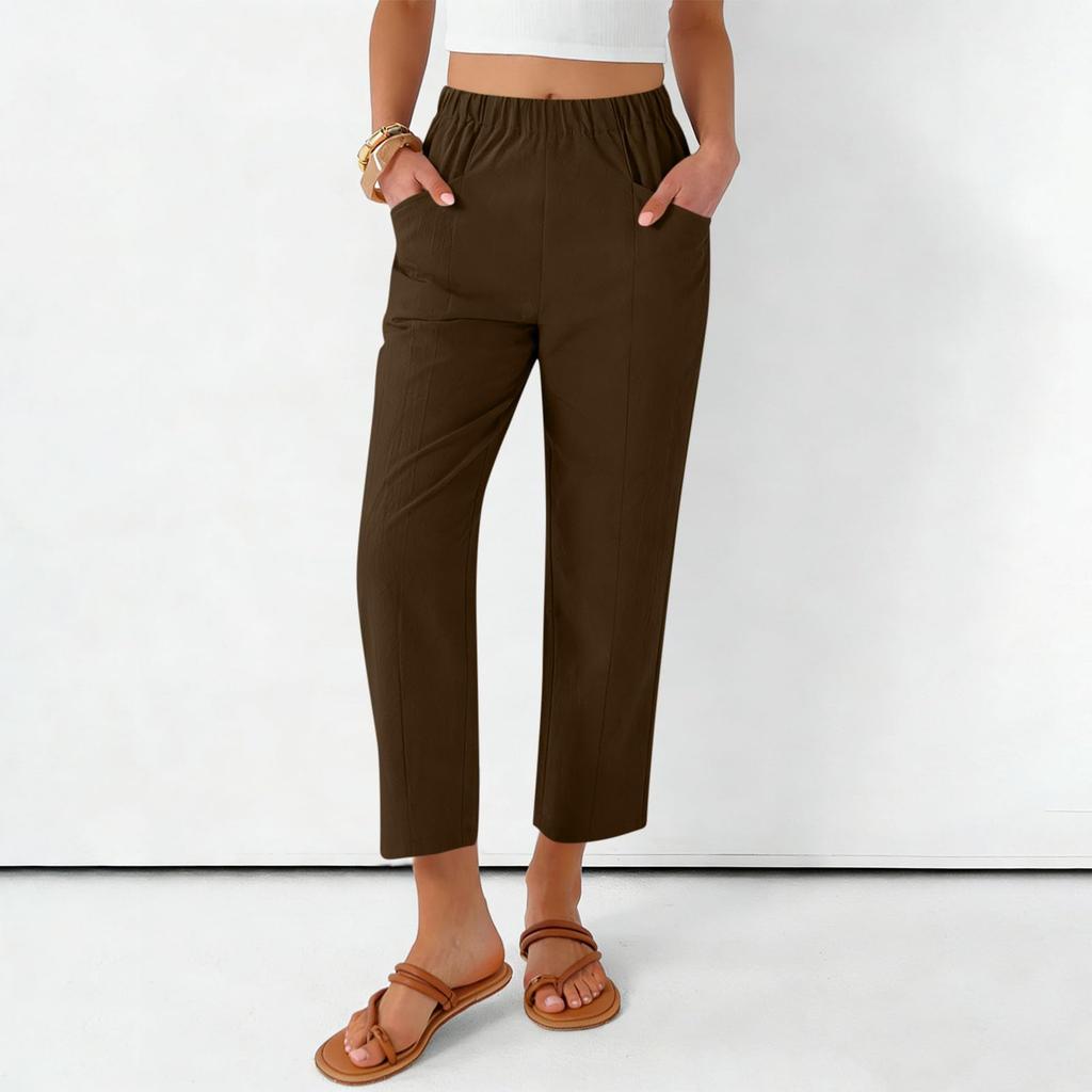 Women's Fashionable Loose-Fit Pocket Cotton-Linen Blend High-Waisted Wide-Leg Pants Casual Cropped Trousers