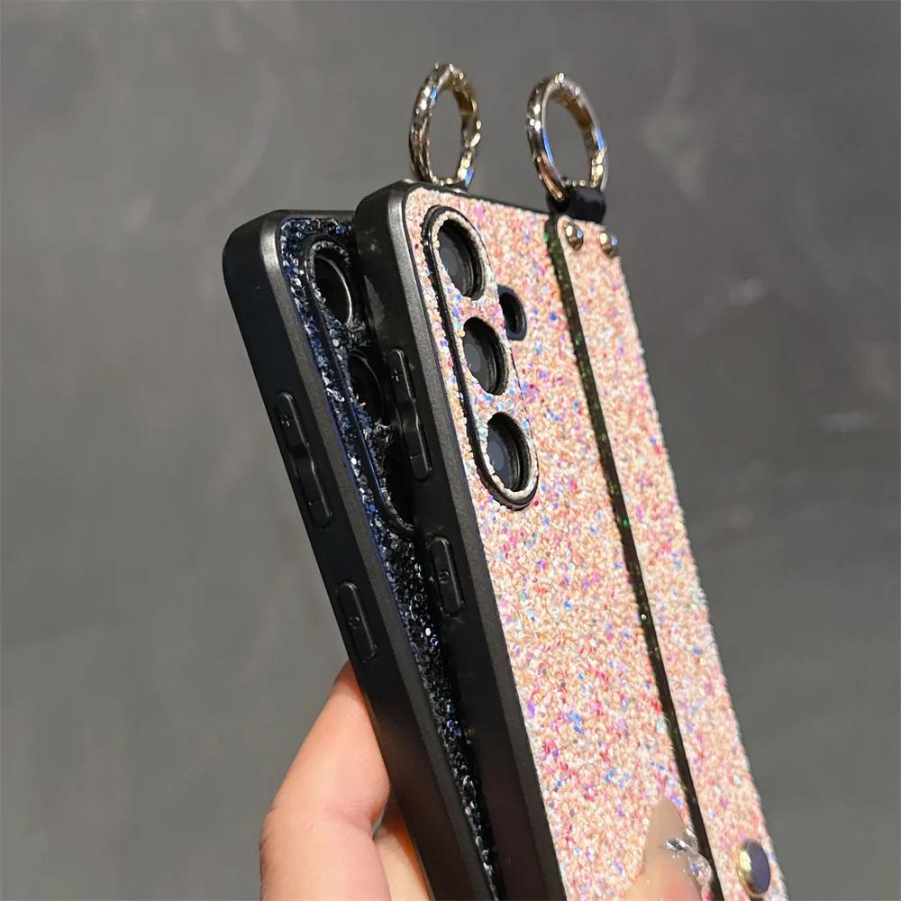 Wrist Strap Bracket Ring Phone Case for Samsung Galaxy S25 Ultra S24 S23 S22 S21 Plus Flash Diamond Leather Hard Shell Cover