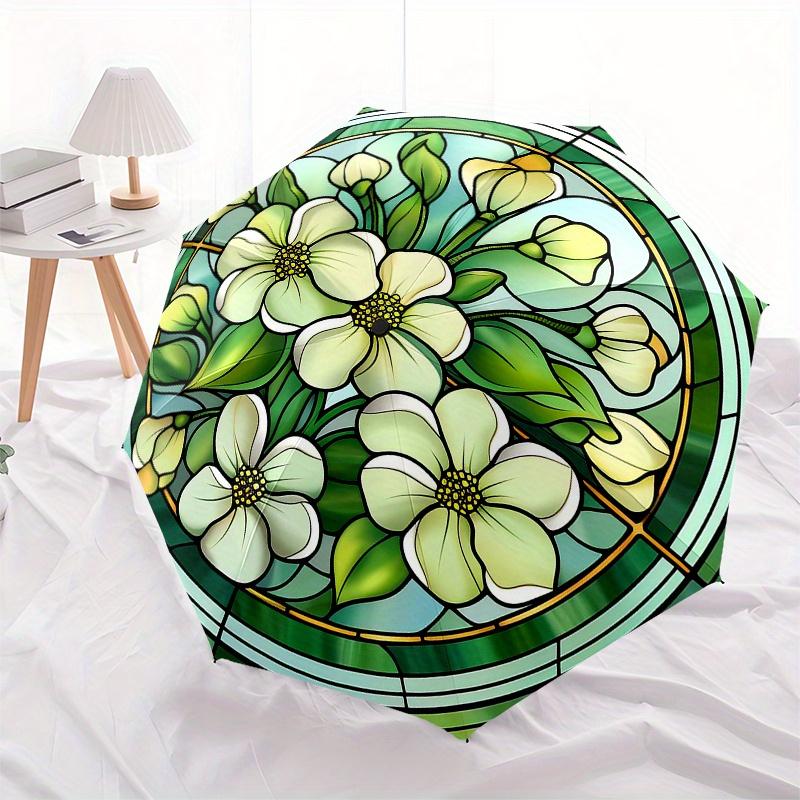 Stained Glass Window Panel with White Flowers - Circular Design for Home Decor Umbrella, Christmas Gift Y117