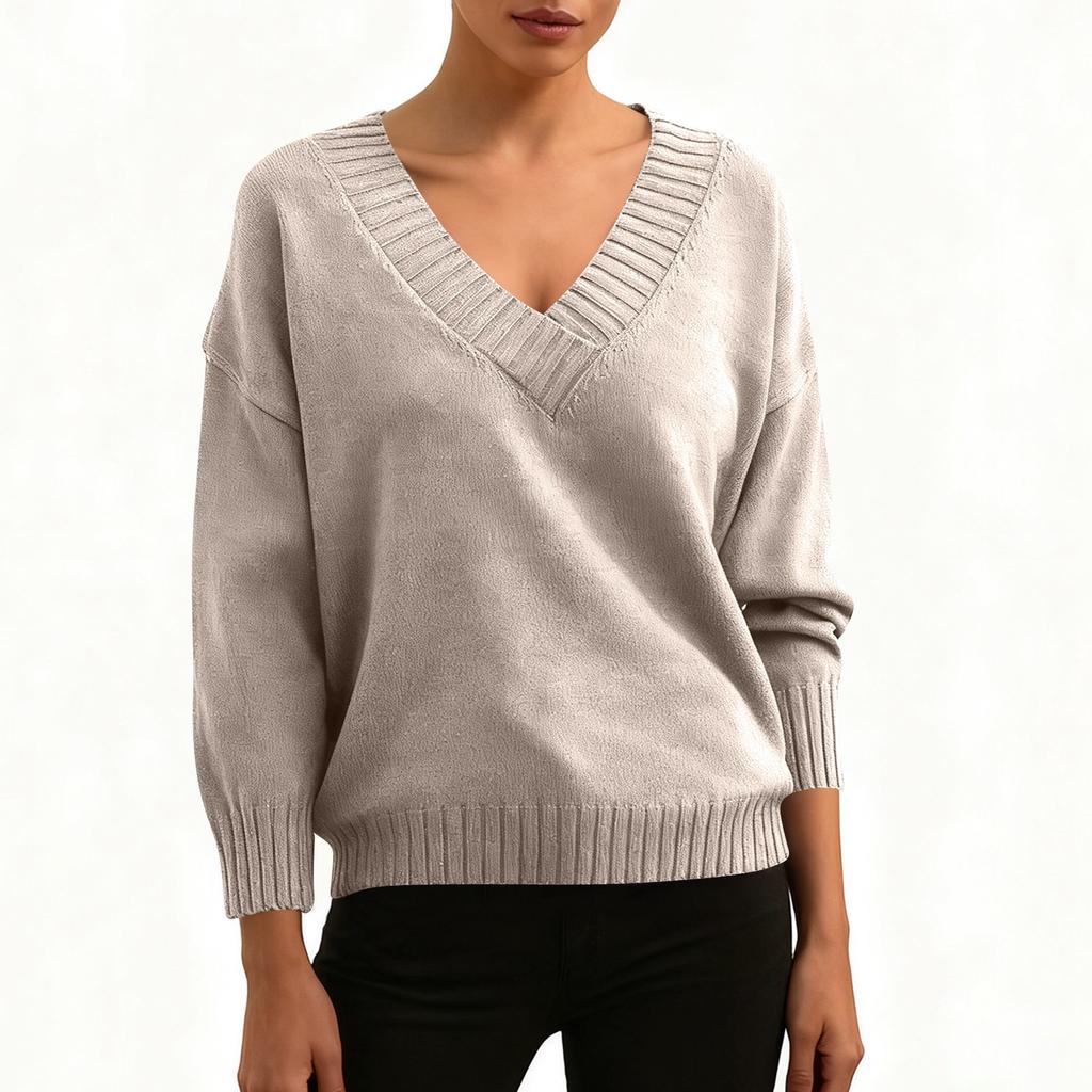 Women's Fashion Casual Solid Color Sweater Set Head V Neck Warm Long-sleeved Sweater