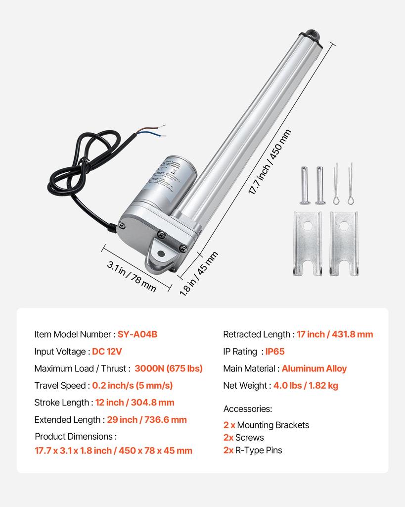 VEVOR 12V Linear Actuator, 304.8mm Stroke IP65 Waterproof Linear Actuator, 3000N 5mm/s Motion Actuators with Mounting Bracket for Solar Trackers
