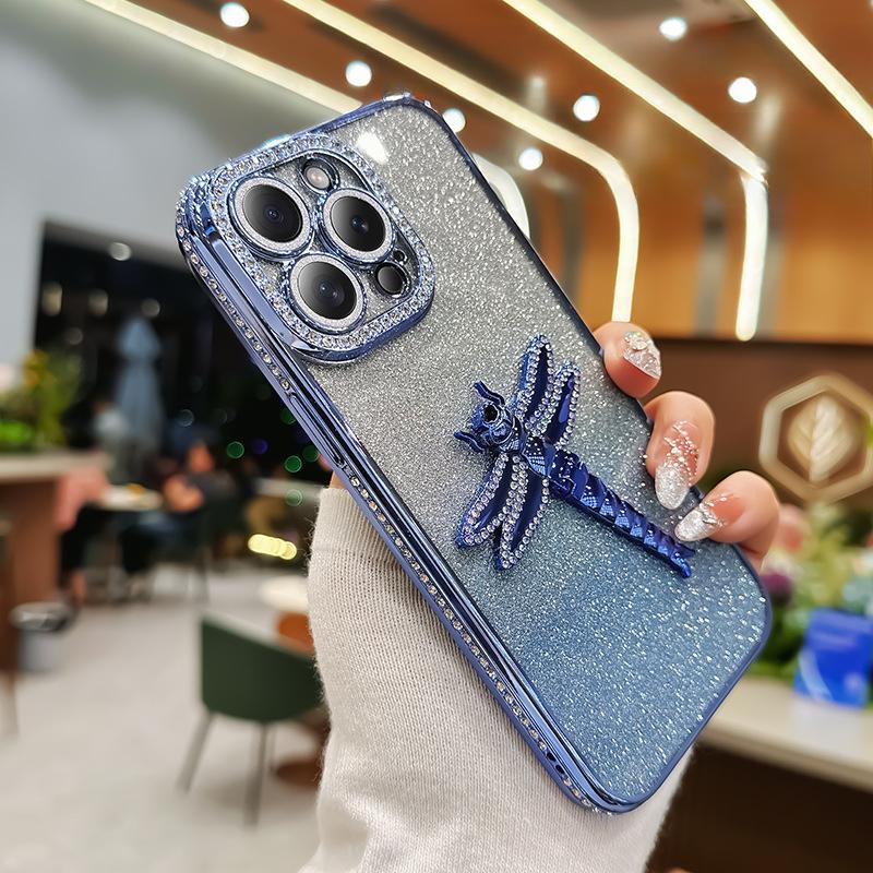 Applicable To Apple 16 Dragonfly Bracket Mobile Case Rhinestone IPhone 15 Glitter Powder 14proMax Anti-fall Protector XR