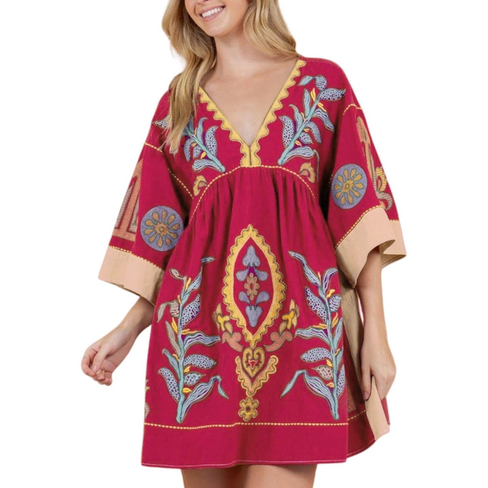 

Womens Printed Dress With V-Neck And 3/4 Sleeves Loose Fit Vintage Printed Babydoll Dress XL винний
