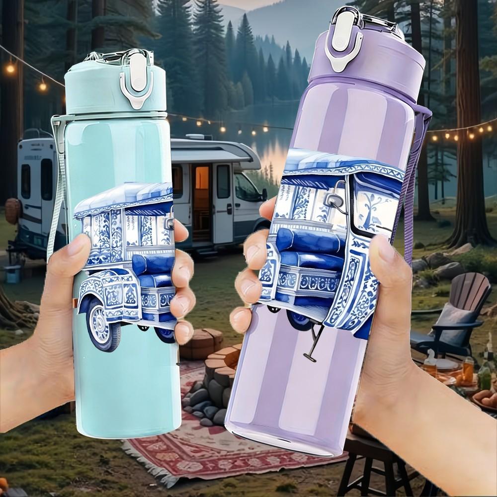 1PC Vintage Blue Truck Retro Pattern 750ml Color Plastic Sports Water Bottle Leakproof Flip Straw Lid Suitable for Sports Office Home Use