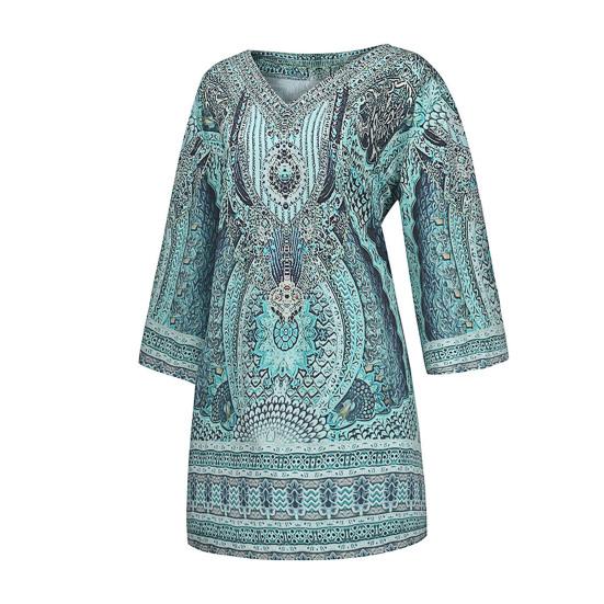 V-Ausschnitt 3/4 Ärmel Shift Design Urlaubs Kleid Ethnischer Stil Bohemia Retro Print Damen Kleid Damen Kleidung