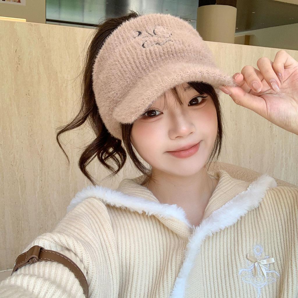 Women's Autumn and Winter Korean Version of Versatile Knitted Rabbit Warm Ear Protection Duck Tongue Baseball Cap Wool Cap Plus Velvet Thickened