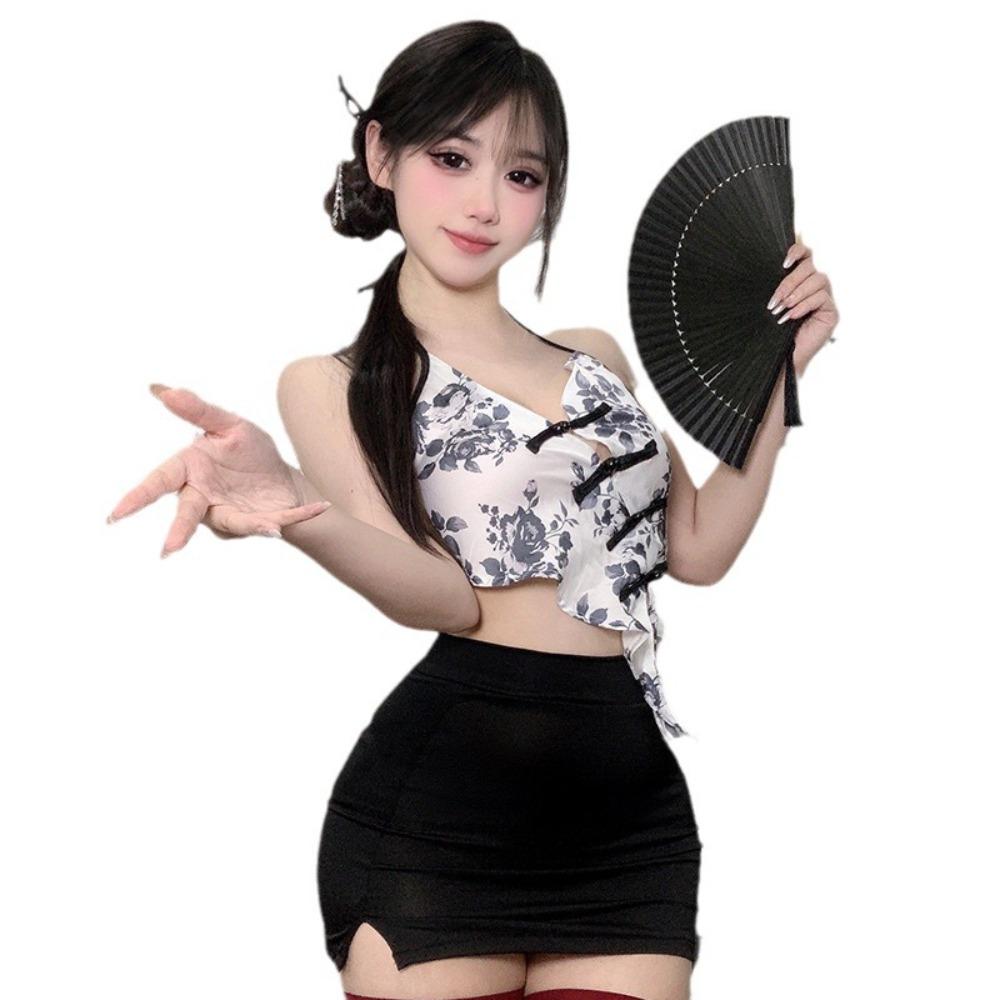Ink Wash Misty Rain Sexy New Chinese Erotic Underwear Retro Slim Hip Skirt Spice Girl Lace-up Belly Pocket Suit Women