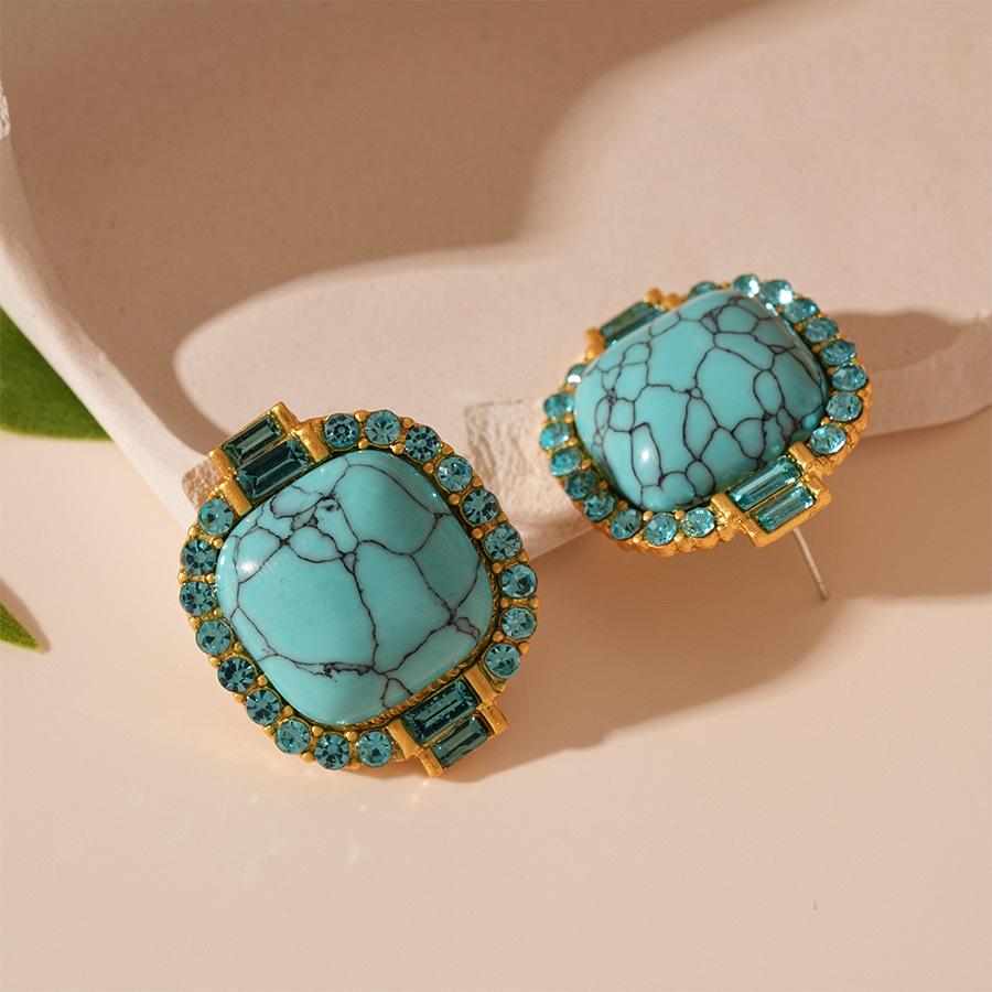 Artificial Turquoise Diamond-set Geometric Square Silver Needle Stud Earrings French Fashion Temperament Earrings