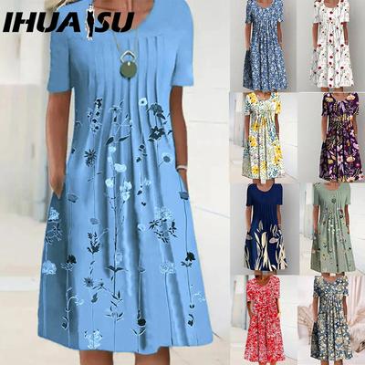 30 Farben Plissiertes Midi-Kleid Kurzarm Rundhalsausschnitt Weiter Saum Mittlere Wadenlänge Damen Floral A-Linie Partykleid Freizeitkleidung