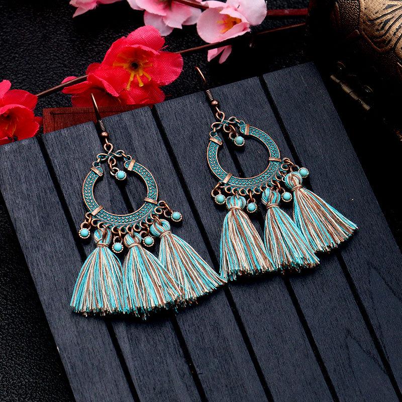 GemChic Women's New Vintage Geometric Metal Turquoise Long Tassel Fringe Earrings Ethnic Fashion Hook Earrings Birthday Christmas Jewelry Gift