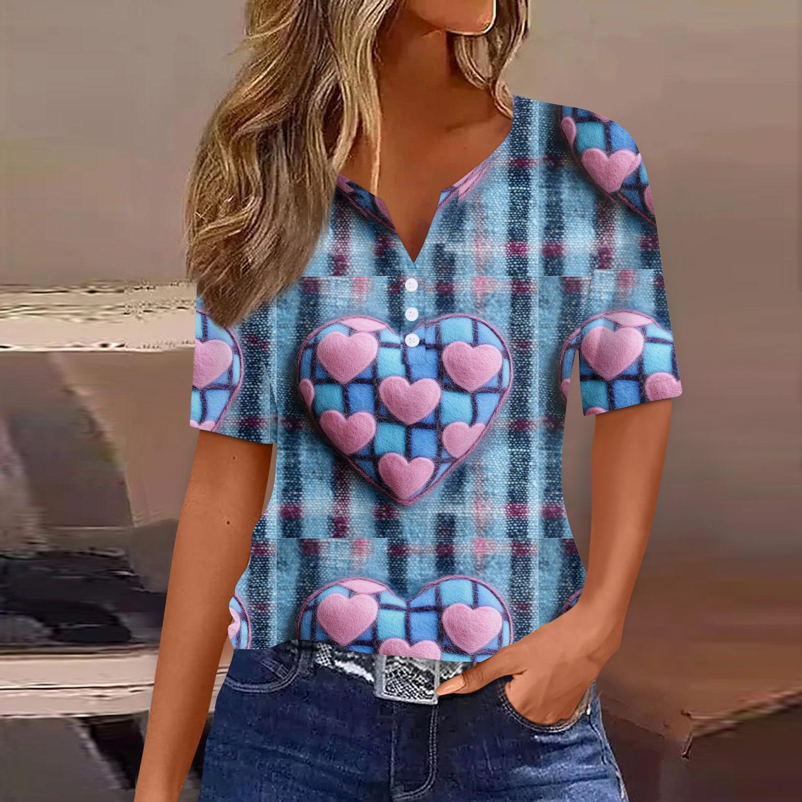 

Women s T Shirt Tee Print Button Short Sleeve Daily Weekend Fashion Basic V- Neck Regular Top Valentine s Day M синий