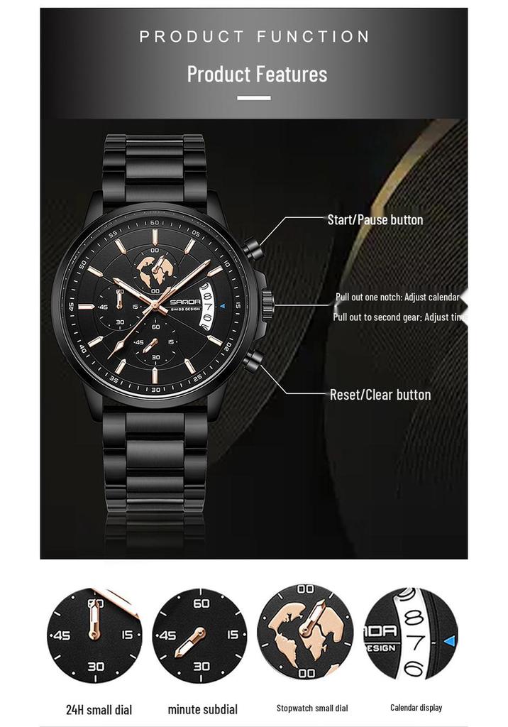 Sanda Men's Waterproof Quartz Watch with Steel Band and Calendar - Korean Edition
