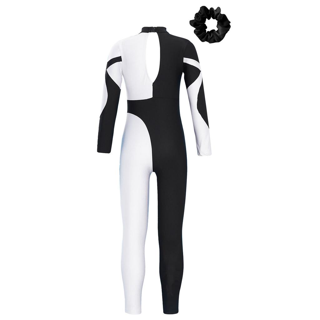Girls Long Sleeve Stand Collar Shiny Rhinestone Contrast Color Hollow Back Dance Jumpsuit Hair Band