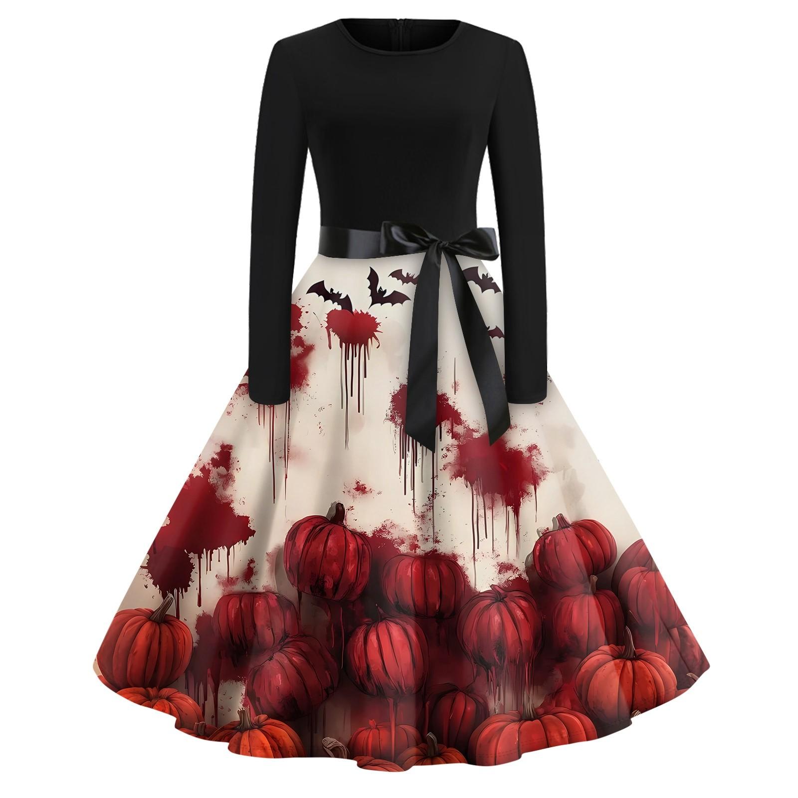 

Платье-клеш с принтом на Хэллоуин для женщин с длинным рукавом, повседневные платья с круглым вырезом и ажурной отделкой XXL красный
