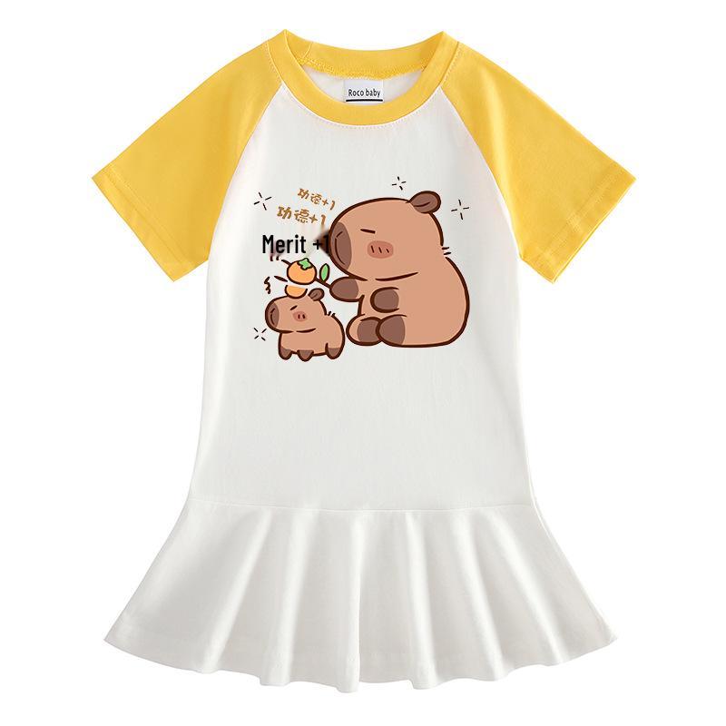 Summer Cartoon Raglan Color-Block Short Sleeve Pleated Dress for Girls