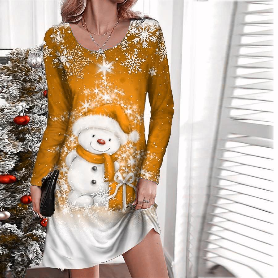 Christmas Snowman Pattern Women Fashion Mini Dresses Autumn Winter Long Sleeve 3d Printed Street Christmas Style Ladies Dress