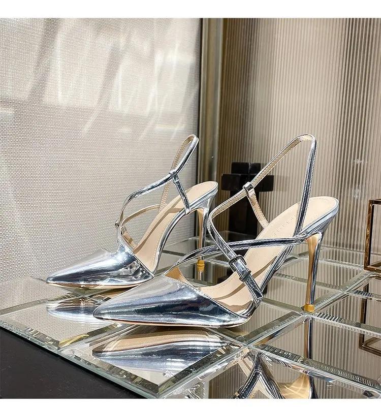 2026New Spring/Summer Silver Lacquer Leather Cross Button Strap Pointed Thin Heel Sandals for Women Sexy High Heel Single Shoes