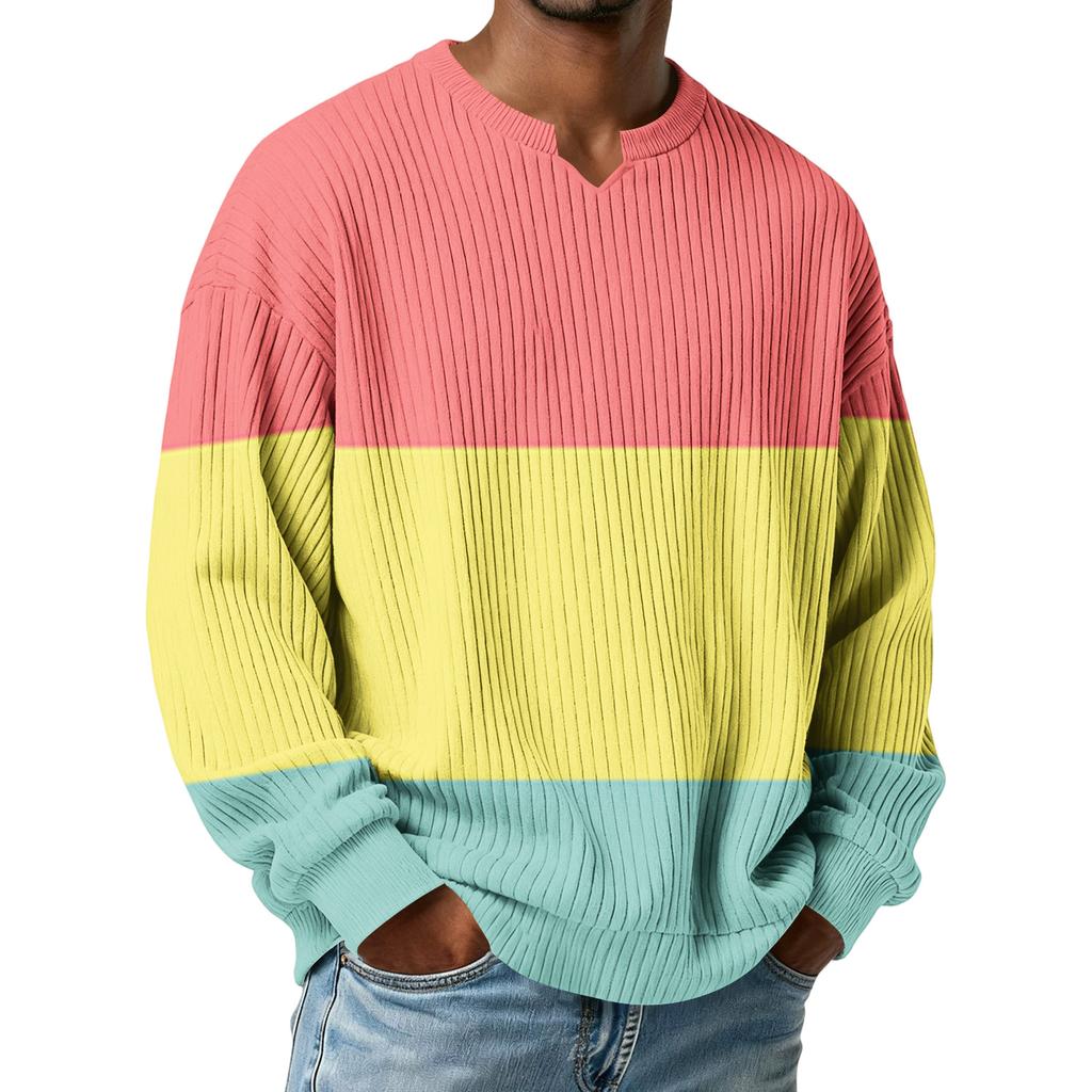 Men's Color-Blocked Stylish V-Neck Ribbed Textured Long-Sleeve T-Shirt