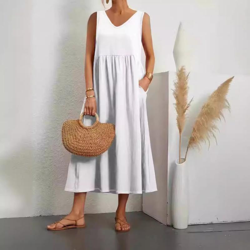 Fashionable Summer Temperament Women's Solid Color Cotton Linen Loose V-neck Dress