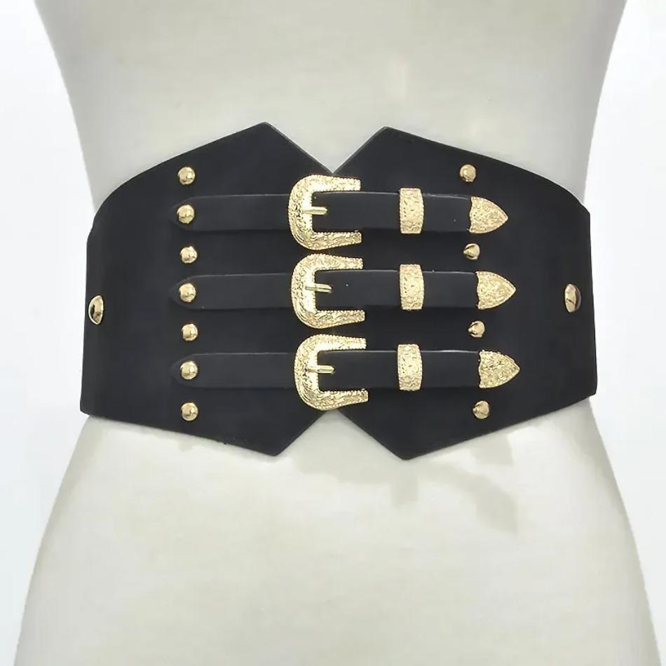 1 Pcs Fashion Women Wide Belt New Metal Buckle Elastic Waistband Leather Rivet Ultra for Stretch Thick Waist Dress