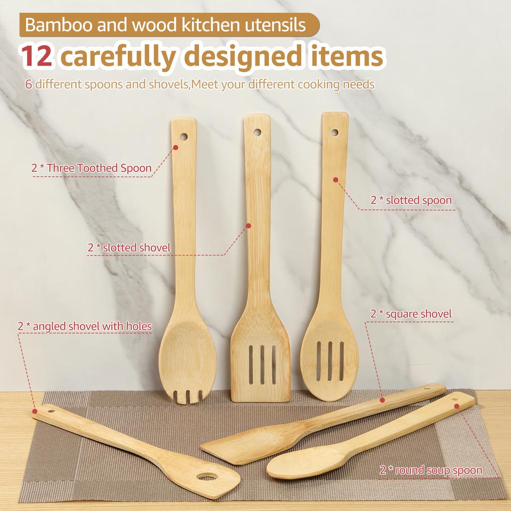 12Pcs Bamboo Cooking Utensils Set Non Stick Bamboo Spoon Spatula Enduring Kitchen Utensil Wooden Cooking Tools Mixing Set