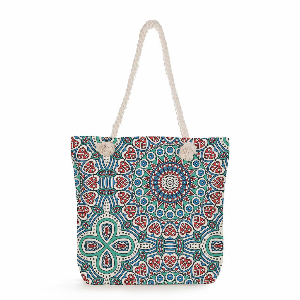 Multifunctional  Flower Printed Thick Rope Shoulder Beach Bag 7588
