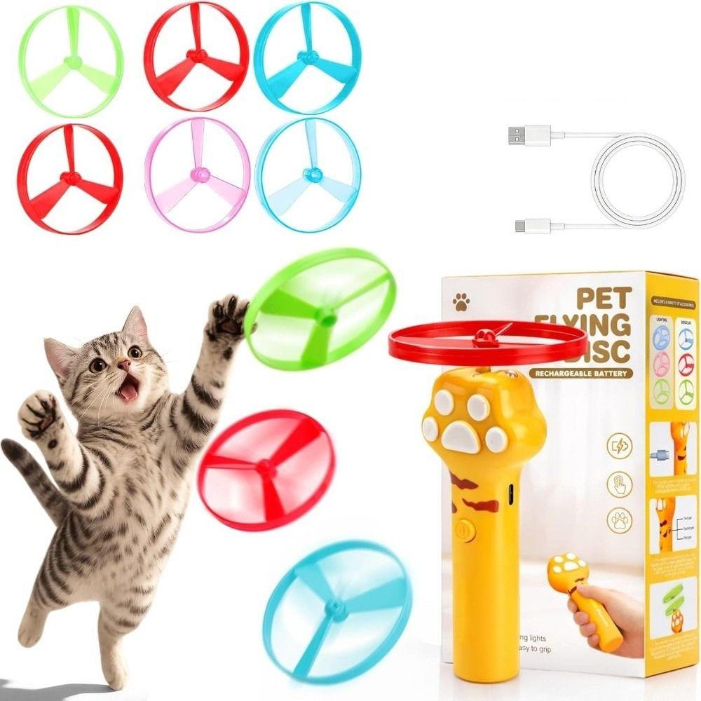 1 Set Interactive Cat Fetch Toy 6 Flying Discs Flying Saucer Stick Interactive Cat Toys Playtime
