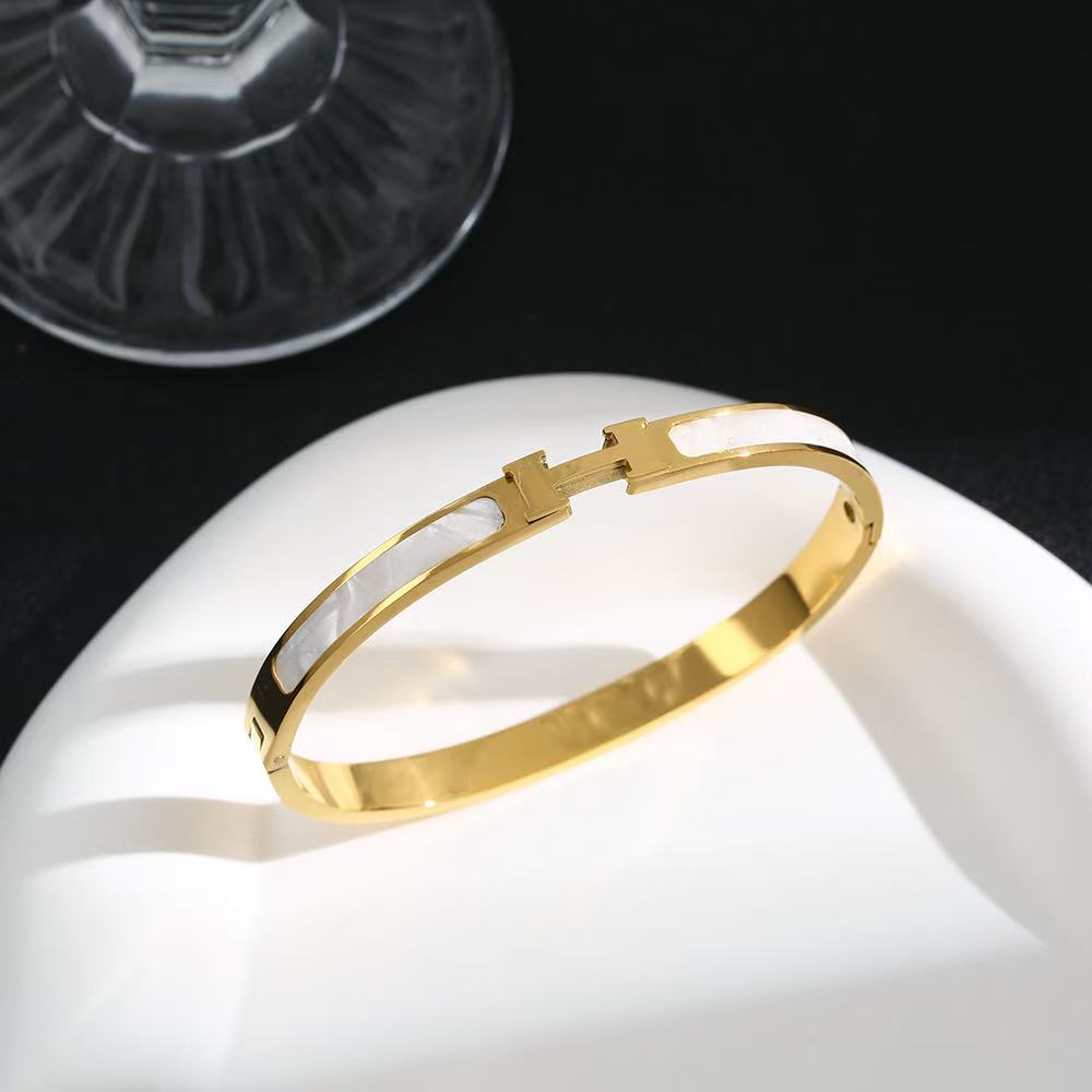 18K Gold Plated Stainless Steel H-Bangle with Mother of Pearl - Classic Design Bracelet for Women
