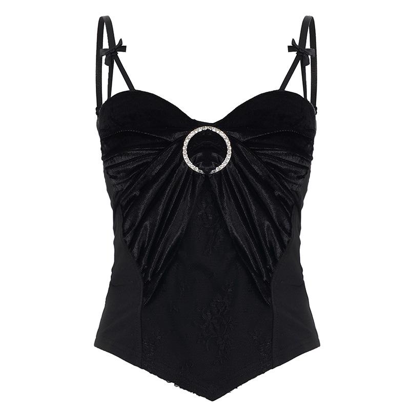 2026 Spring/Summer Black Velvet Lace Bow Spaghetti Strap Sleeveless Top for Women Small чёрный