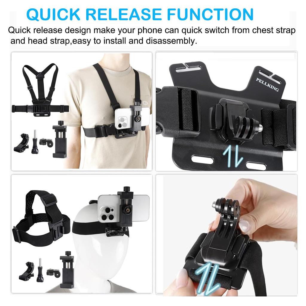 PellKing Handy Brustgurt Geschirr Halterung Kopfband Halter Kit für Handy Clip Kompatibel mit GoPro Hero DJI Action Kameras POV/VLOG, iPhone, Samsung,