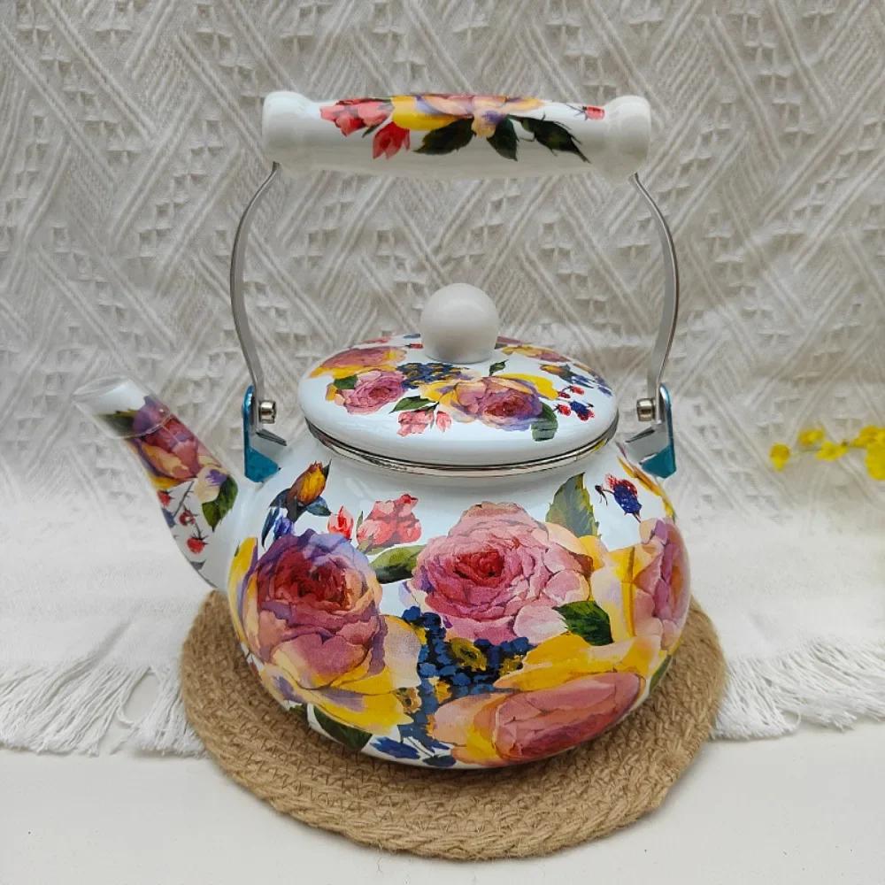 Emaille-Teekanne im chinesischen Stil 2,5L/1,5L, Anti-Verbrühungsgriff, Gasherd-Kessel, birnenförmige florale Emaille-Kaffeekanne