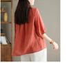 Women's Summer 2024 V-Neck Embroidered Three-Quarter Sleeve Cotton Linen Shirt