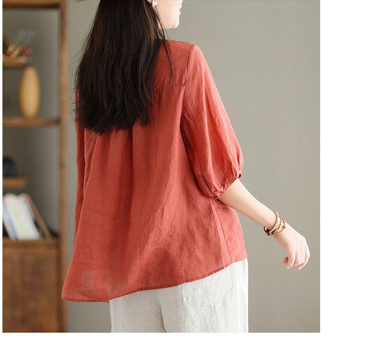Women's Summer 2024 V-Neck Embroidered Three-Quarter Sleeve Cotton Linen Shirt