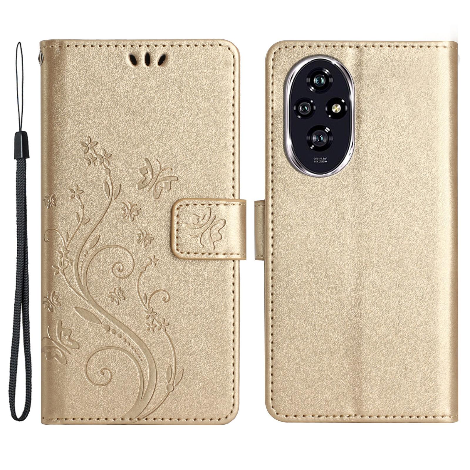 

Чехол для Honor 200 5G Кошелек с бабочкой и цветком из ПУ кожи с откидной крышкой Gold