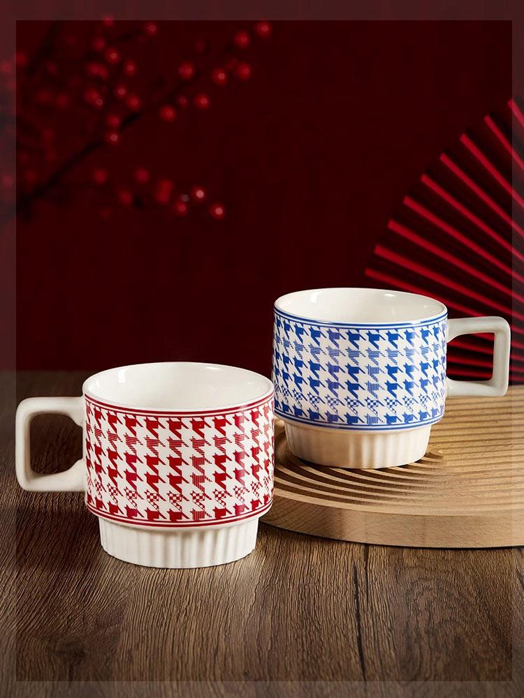 Nordic Houndstooth Ceramic Mug – Retro Coffee Cup with Handle, Spoon Classic Pattern, 400ml