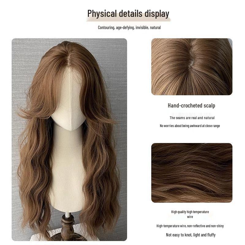 Perruque Longue Ondulée Bouclée Ondulée Naturelle pour Femmes en Brun Thé Chaud
