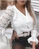 Women's Long Sleeve Blouse Round Neck Hollow Lace Spliced Single Breasted Elegant Commuter Shirt