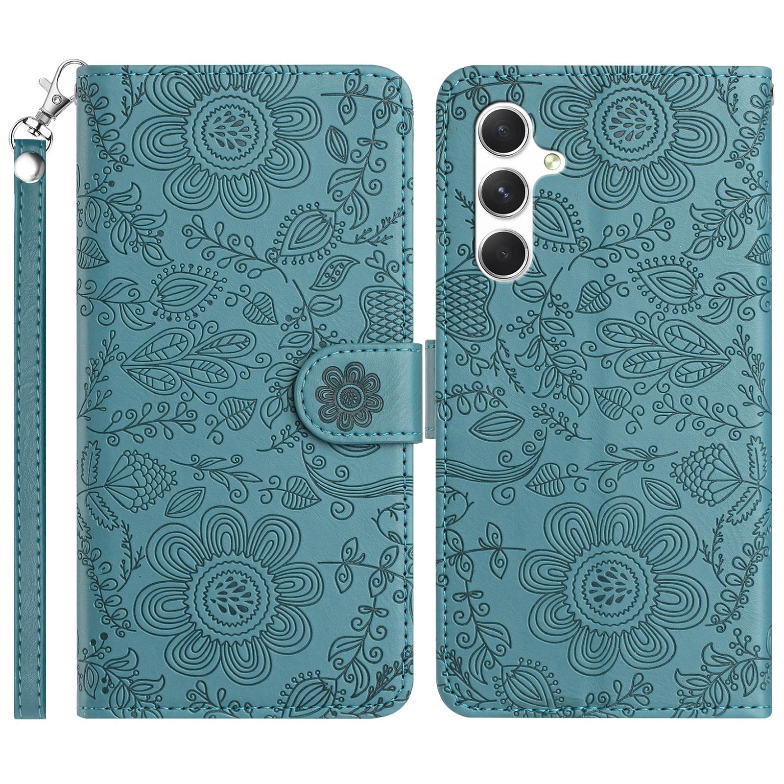 

For Samsung Galaxy A35 5G Case Flower Imprint Leather Flip Wallet Phone Cover with Wrist Strap Blackish Green