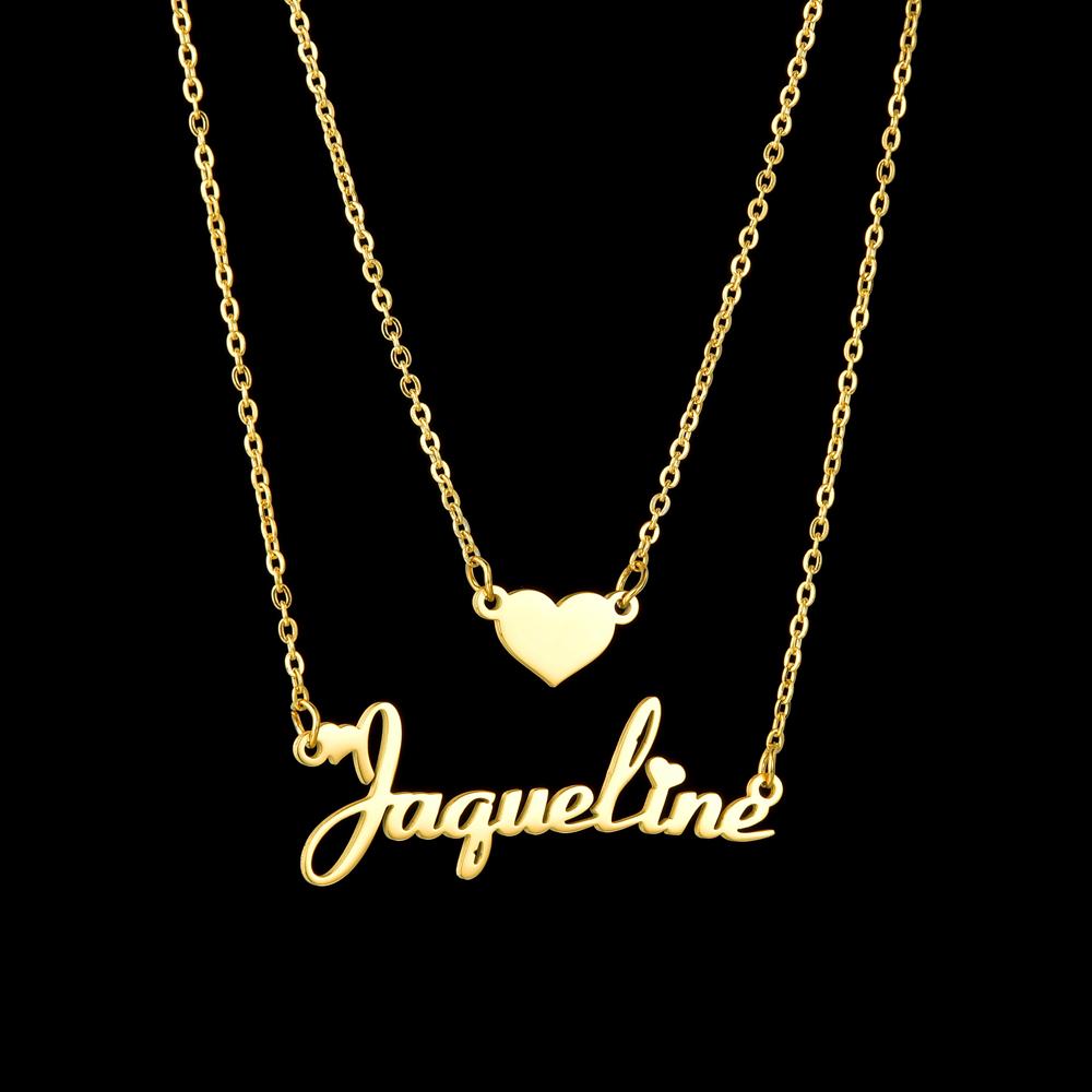 Atoztide Customized Name Necklace Heart Choker Stainless Steel Summer Letter Double Layers Chain Pendant Jewelry for Women Gift 35cm&Solid heart