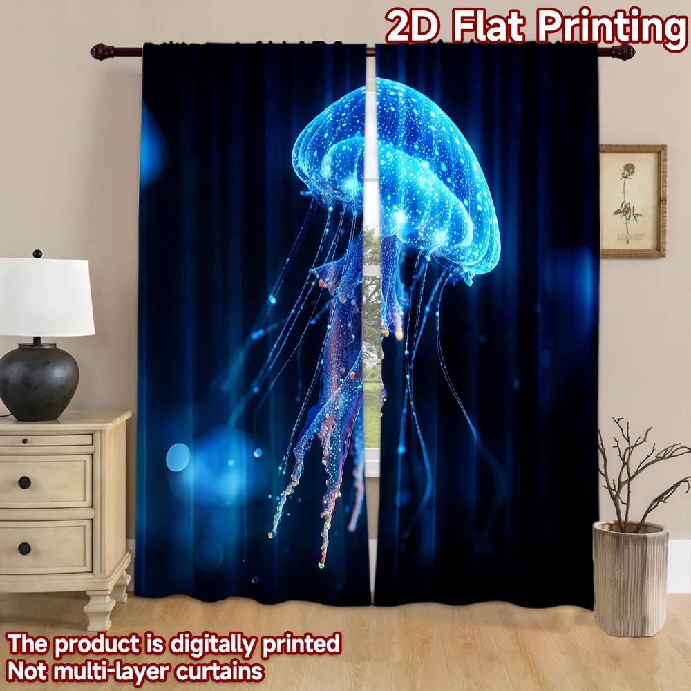 2D Flat Printing 2pcs Party Window Curtains Blue Glowing Jellyfish Ocean Digital Printed Polyester Drapes Festive Curtains Use