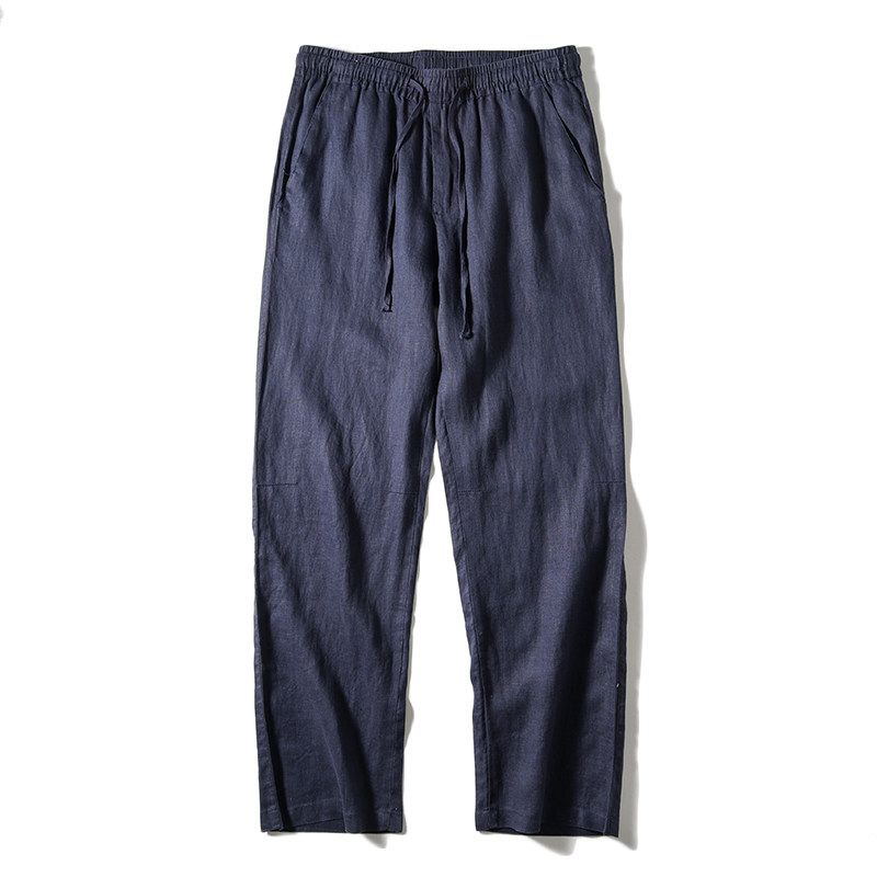 Pure Linen Thin Loose Straight-leg Export Men s Clothing Pants Navy blue XL