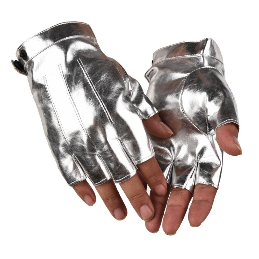 

Дизайн с кнопками ПУ Водительские перчатки Крутые перчатки для выступлений Модные митенки без пальцев Уличные серебряный