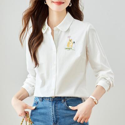 Chemise à revers brodée pour femme Printemps Nouveau Style Décontracté Coréen Coton Haut pour femme