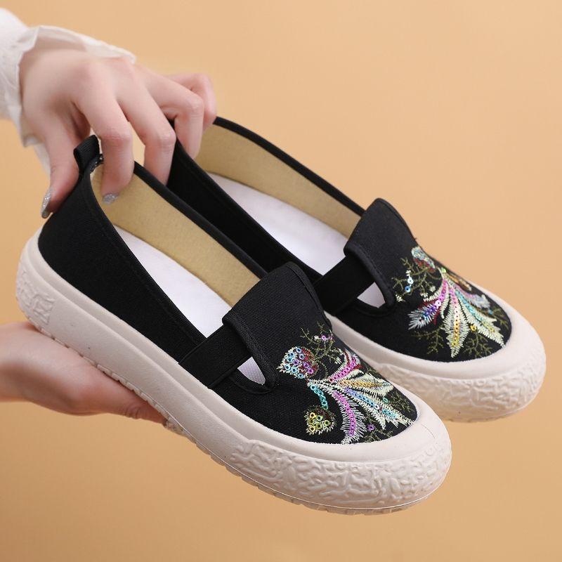 

Летние новые женские туфли в деревенском стиле, вышитые туфли из ткани One Step Canvas, универсальные дышащие туфли для студентов-рыбаков 41 чёрный