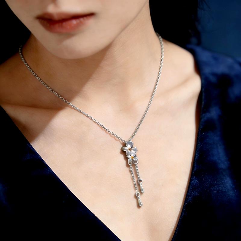 Sterling Silver Floral Necklace for Women - New Chinese Style, Elegant Clavicle Chain Pendant, Ideal Gift for Girlfriend