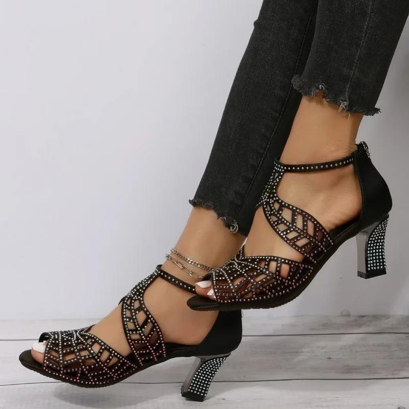 Fashion Shoes of Women Fashion Stiletto Rhinestone Hollow Fish Closed Toe Sexy Dance Shoes Plus Size Ladies Sandals 2025