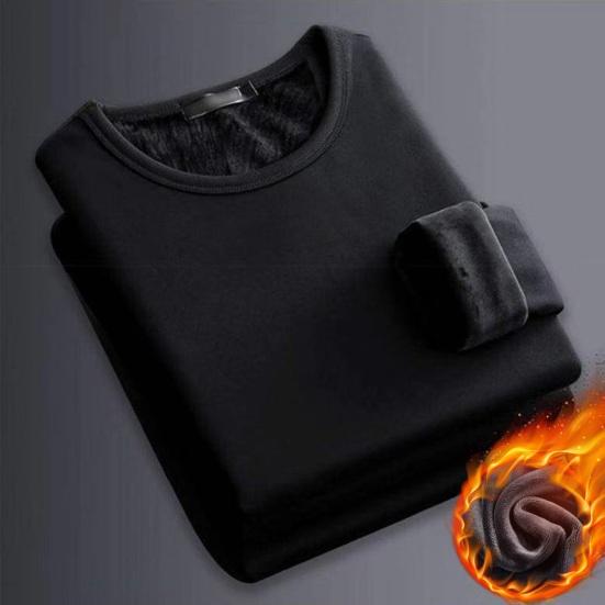 Autumn Winter Men Bottoming Top Slim Fit Thick Plush O Neck Pullover Stretchy Long Sleeves Pure