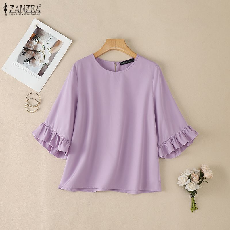 ZANZEA Camicetta casual da donna, girocollo, tinta unita, ampia, con maniche a 3/4