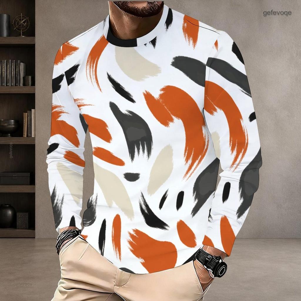Men Plus Size Round Neck Long Sleeve Printed White T Shirt Casual Pullover