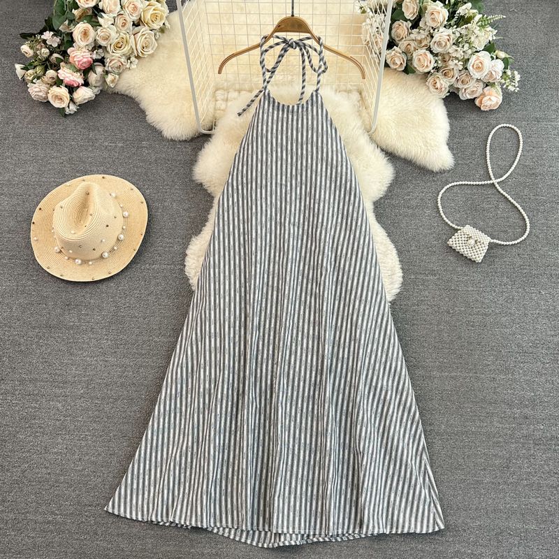Summer Open Back Sling Loose Stripes Dress Halterneck